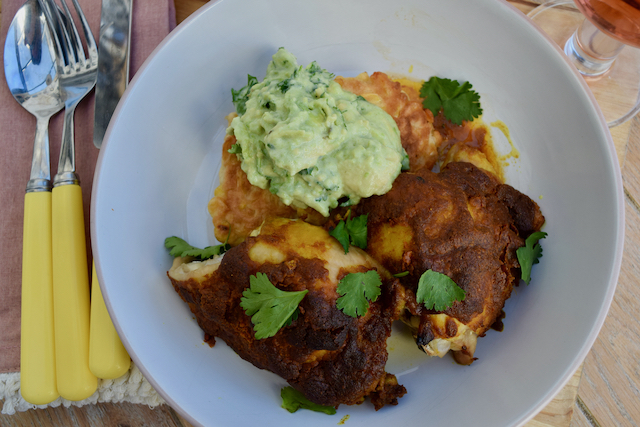 Turmeric Spiced Chicken with Sweetcorn Pancakes and Avocado from Lucy Loves Food Blog