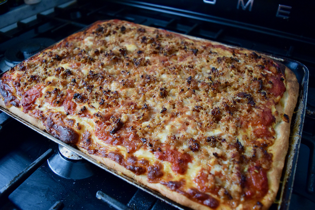 No Knead Sheet Pan Pizza recipe from Lucy Loves Food Blog